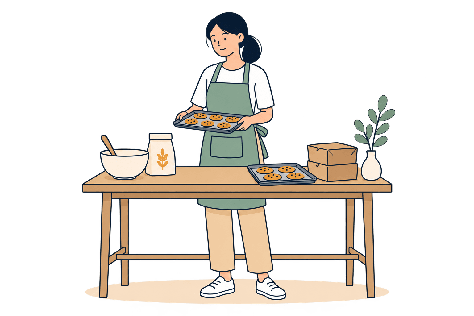 Illustration of a baker holding a tray of cookies at a work table with a mixing bowl, flour, and takeaway boxes.