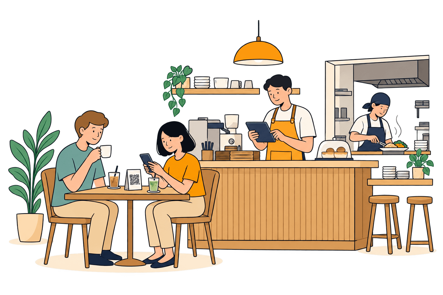 Café illustration: a guest scans the table QR, the barista checks orders on a tablet, and the cook plates a dish.