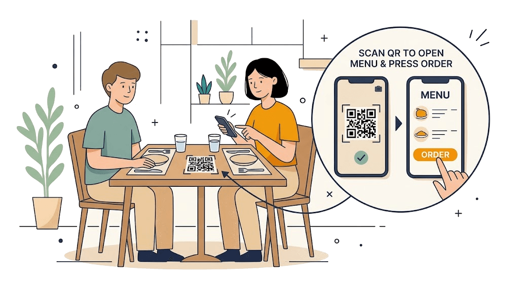 Two people at a café table; one scans the table QR with a phone. A detail circle shows the menu opening and the order button being pressed.